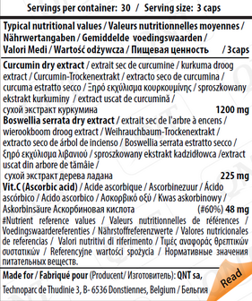QNT Care Label - Curcuma + - voedingswaarde tabel