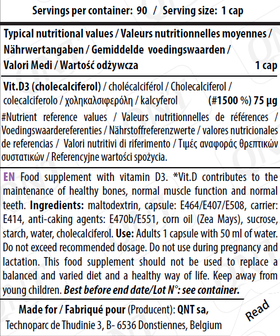 QNT Care Label - Vitamine D3 - voedingswaarde tabel