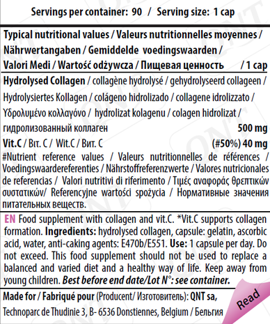 QNT Care Label - Collageen - voedingswaarde tabel