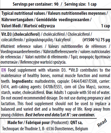 QNT Care Label - Vitamine D3 - voedingswaarde tabel