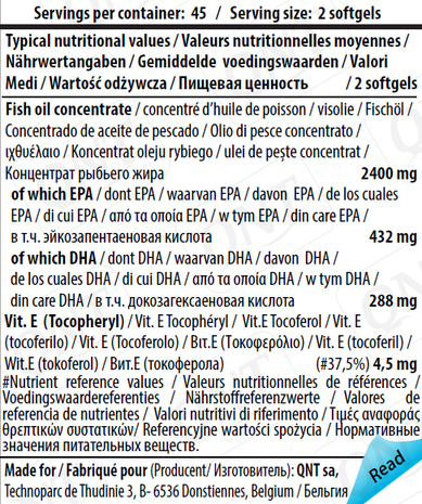 QNT Care Label - Omega 3 - voedingswaarde tabel